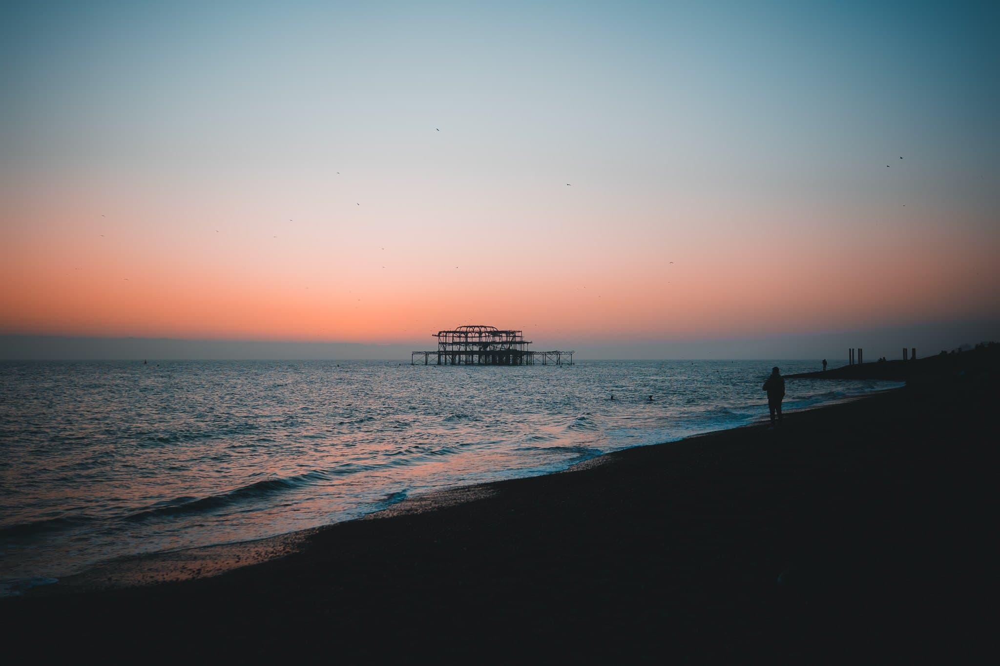The West Pier at dusk from Brighton beach, edited with the Made in Brighton pack